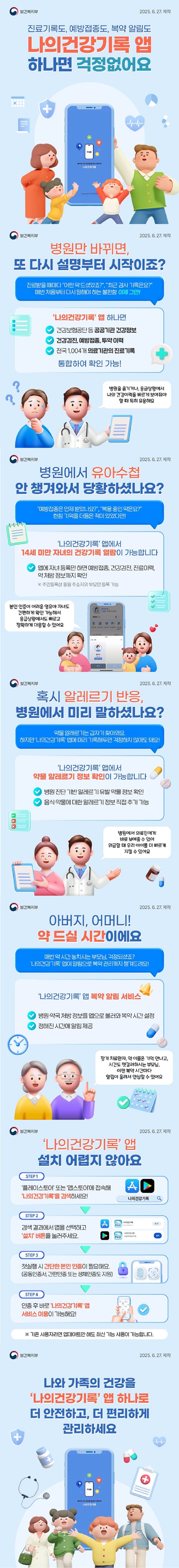 진료기록도, 예방접종도, 복약 알림도 나의건강기록 앱 하나면 걱정없어요 보건복지부 ■ 병원만 바뀌면, 또 다시 설명부터 시작이죠? 진료받을 때마다 어떤 약 드셨었죠?, 최근 검사 기록은요? 매번 처음부터 다시 말해야 하는 불편함 이제 그만! 나의건강기록앱 하나면 - 건강보험공단 등 공공기관 건강정보. - 건강검진, 예방접종, 투약이력. - 전국 1004개 의료기관의 진료기록. 통합하여 확인 가능! 병원을 옮기거나, 응급상황에서 나의 건강이력을 빠르게 보여줘야 할 때 특히 유용해요. ■ 병원에서 유아수첩 안 챙겨와서 당황하셨나요? 예방접종은 언제 받았나요?, 복용중인 약은요? 한참 기억을 더듬은 적이 있었다면! 나의건강기록 앱에서 14세 미만 자녀의 건강기록 열람이 가능합니다. - 앱에 자녀 등록만 하면 예방접종, 건강검진, 진료이력, 약 처방 정보까지 확인. ※ 주민등록상 동일 주소지의 부모만 등록 가능. 본인 인증이 어려운 영유아 자녀도 간편하게 확인 가능해서 응급상활에서도 빠르게 정확하게 대응할 수 있어요. ■ 혹시 알레르기 반응, 병원에서 미리 말하셨나요? 약물알레르기는 갑자기 찾아와요. 하지만 나의건강기록 앱에 미리 기록해두면 걱정하지 않아도 돼요! 나의건강기록 앱에서 약물 알레르기 정보 확인이 가능합니다. - 병원 진단 기반 알레르기 유발 약물 정보 확인. - 음식 약물에 대한 알레르기 정보 직접 추가 가능. 병원에서 의료진에게 바로 보여줄 수 있어 위급할 때 우리 아이를 더 빠르게 지킬 수 있어요.■ 아버지, 어머니! 약 드실 시간이에요. 매번 약 시간 놓치시는 부모님, 걱정되셨죠? 나의건강기록 앱이 알림으로 복약 관리까지 챙겨드려요! 나의건강기록 앱 복약 알림 서비스. - 병원 약국 처방 정보를 앱으로 불러와 복약 시간 설정. - 정해진 시간에 알림 제공. 장기 치료환자, 약 이름은 기억 안나고, 시간도 헷갈려하시는 부모님, 이젠 복약 시간마다 알림이 울려서 안심할 수 있어요. ■ 나의건강기록 앱 설치 어렵지 않아요. STEP 1플레이스토어 또는 앱스토어에 접속해 나의건강기록을 검색하세요! STEP 2 검사 결과에서 앱을 선택하고 설치 버튼을 눌러주세요. STEP 3 첫실행 시 간단한 본인인증이 필요해요. (공동인증서, 간편인증 또는 생체인증도 지원) STEP 4 인증 후 바로 나의건강기록 앱 서비스 이용이 가능해요! 기존 사용자라면 업데이트만 해도 최신 기능 사용이 가능합니다. 나와 가족의 건강을 나의건강기록앱 하나로 더 안전하고, 더 편리하게 관리하세요.